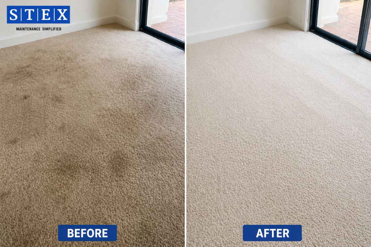 Before and after carpet steam cleaning results showing stain removal and restored carpet in Sydney home