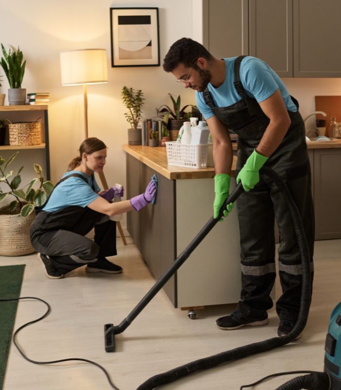 Carpet cleaning service using extraction machine to remove dirt and stains from living room carpet