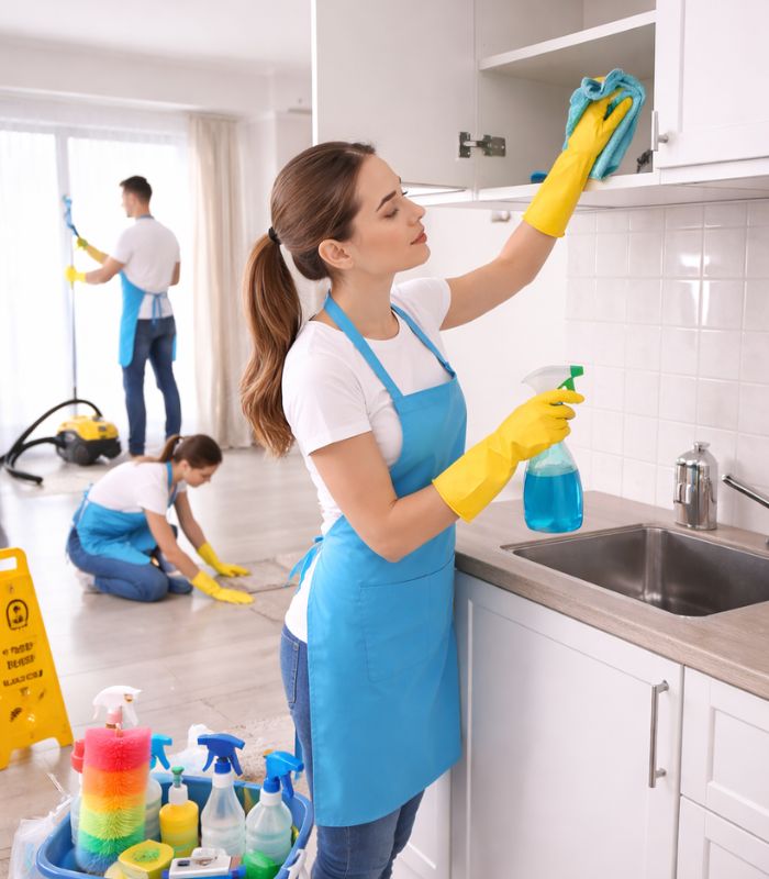 End of lease cleaning service in empty apartment with professionals cleaning kitchen cabinets and floors
