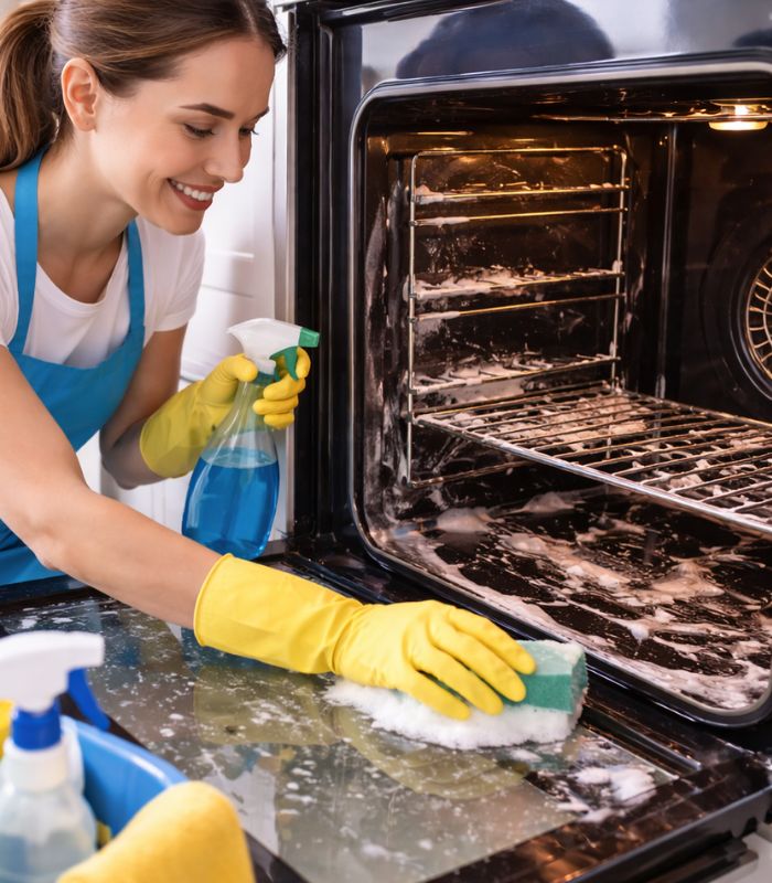 Close-up of professional oven cleaning with foam and tools inside a modern kitchen appliance