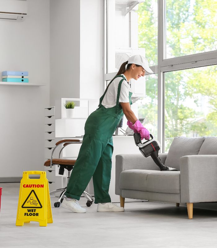 Move-in cleaning service in empty apartment with cleaner mopping floor and moving boxes in background