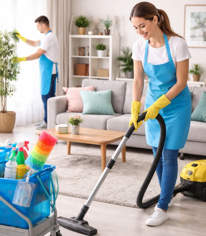 Professional house cleaner vacuuming a modern living room with organized cleaning supplies nearby