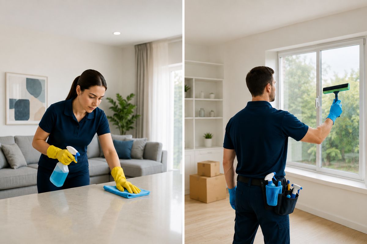 Professional deep cleaning and end of lease cleaning services with cleaners disinfecting kitchen and cleaning windows for move-out inspection